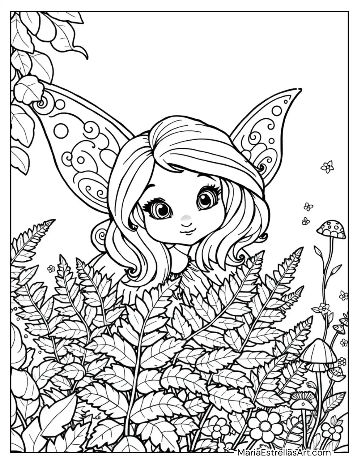 Curious Fairy Peeking Out from Behind Ferns Coloring Page