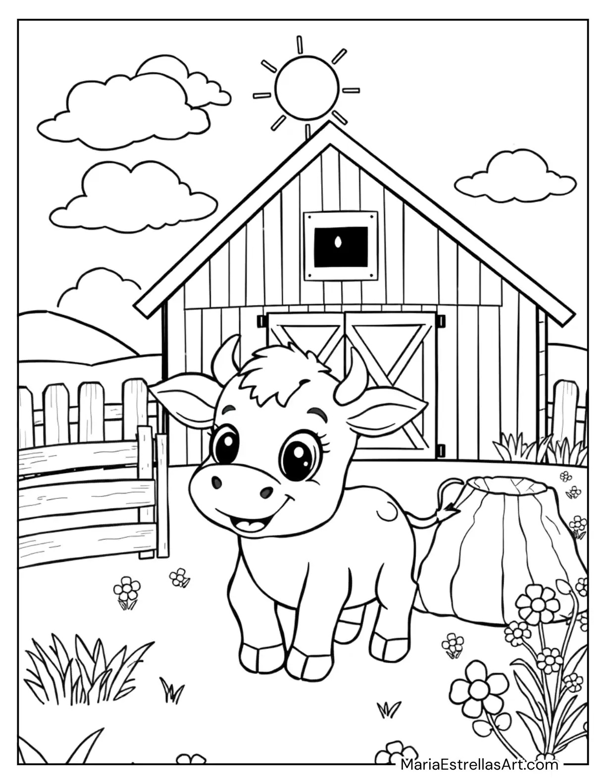 Cute Baby Cow Playing in a Barnyard Coloring Page