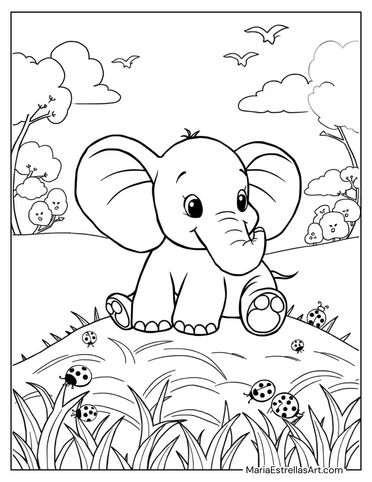 Cute Elephant Relaxing on Grass with Ladybugs Nearby Coloring Page