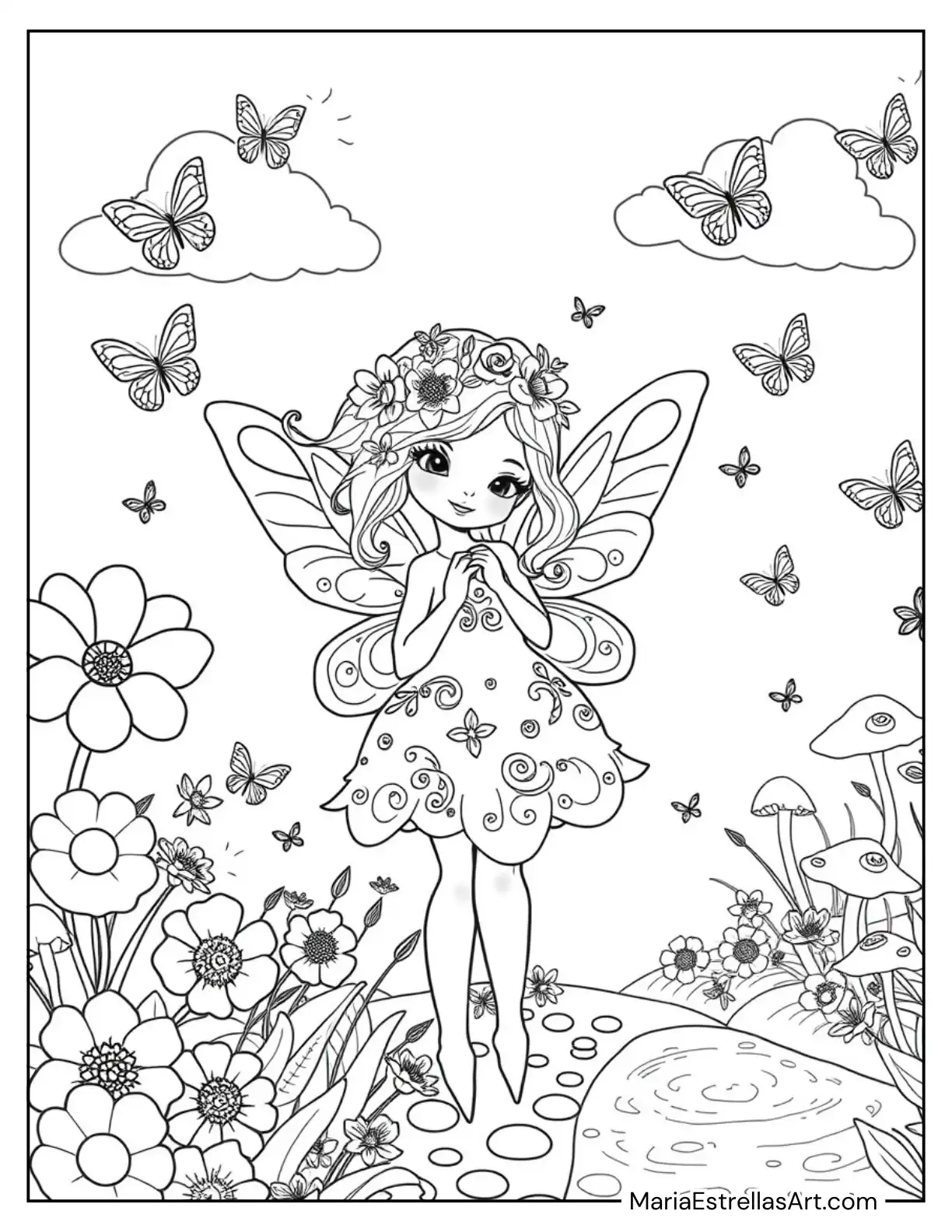 Cute Fairy in a Fluffy Dress with Flower Crown Coloring Page