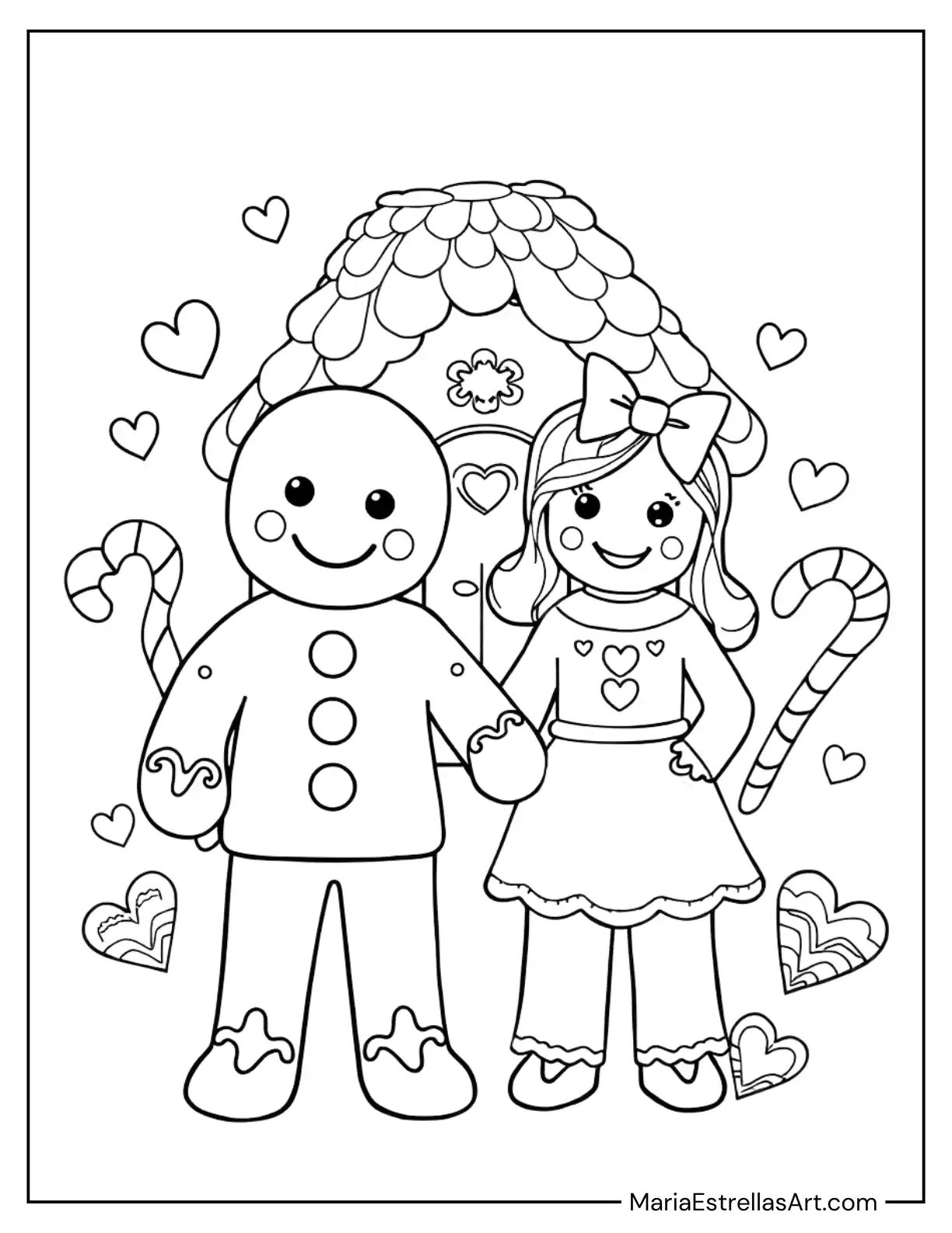 Cute Gingerbread Couple with Candy Hearts to Color for Kids