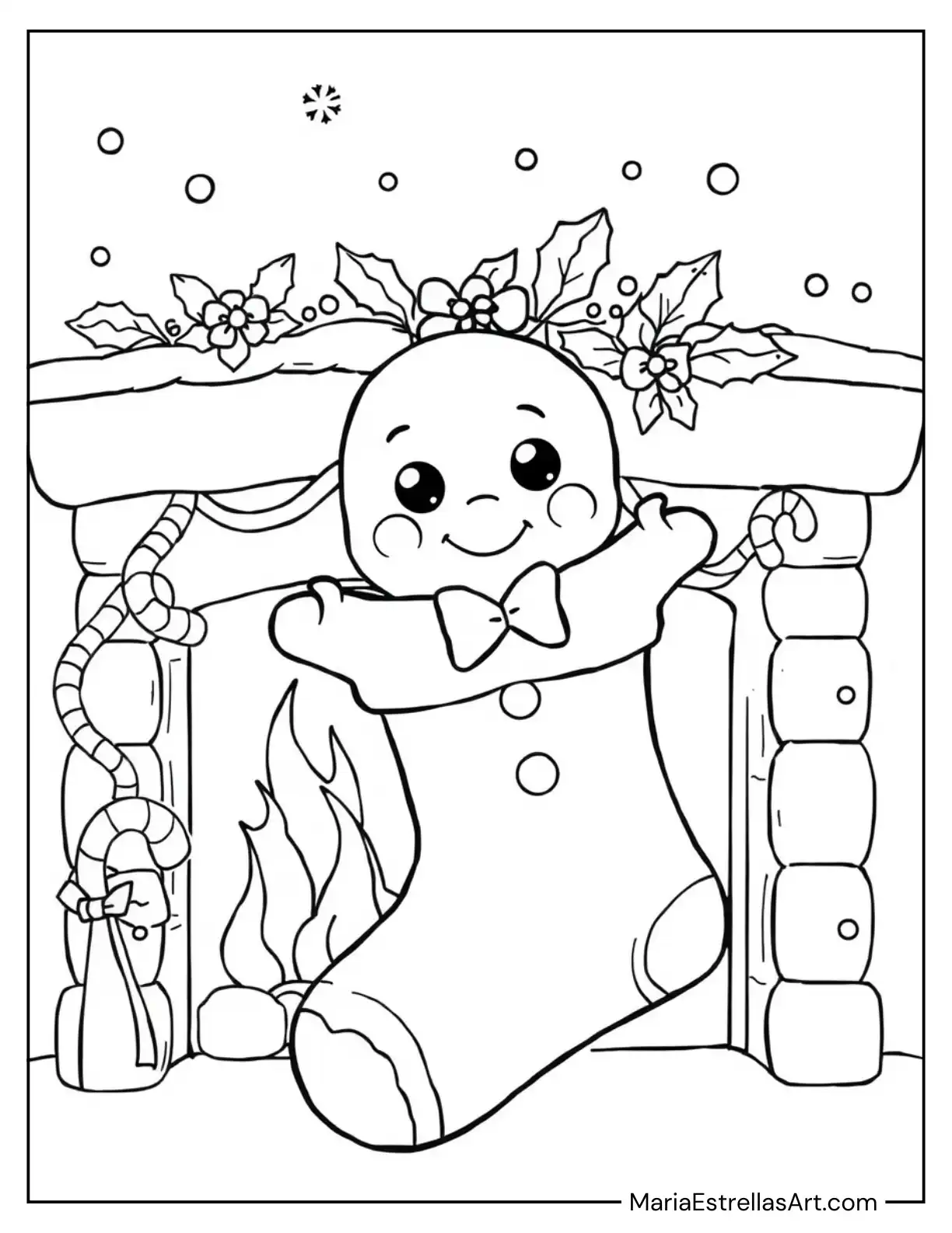 Cute Gingerbread Man Peeking Out of a Stocking Coloring Sheet