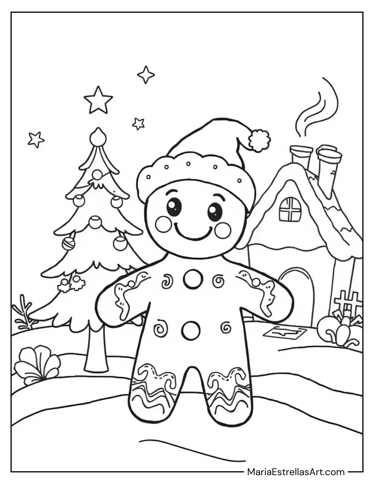 Cute Gingerbread Man with Christmas Hat to Color for Kids