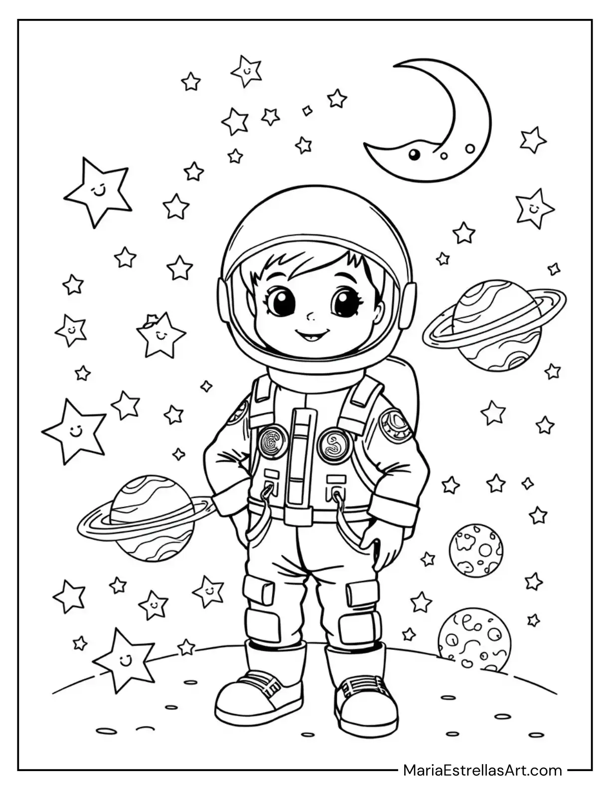 Cute Little Boy in Astronaut Suit with Stars and Planets Coloring Sheet