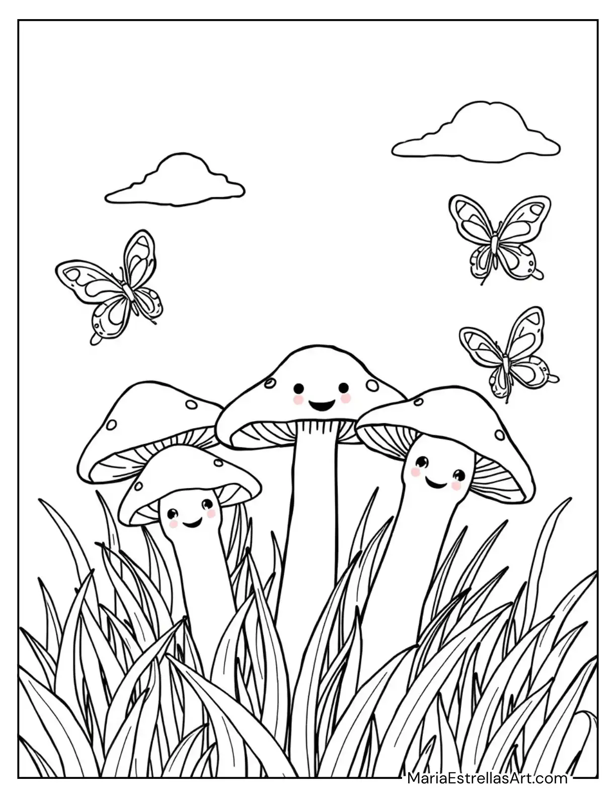 Cute Mushrooms with Smiling Faces in a Magical Meadow Coloring Sheet