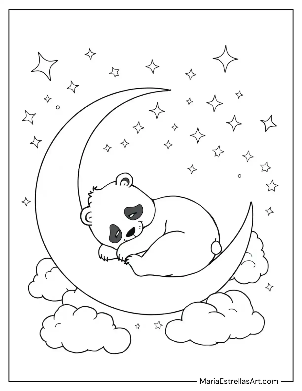 Cute Panda Napping on a Crescent Moon Surrounded by Clouds Coloring Page