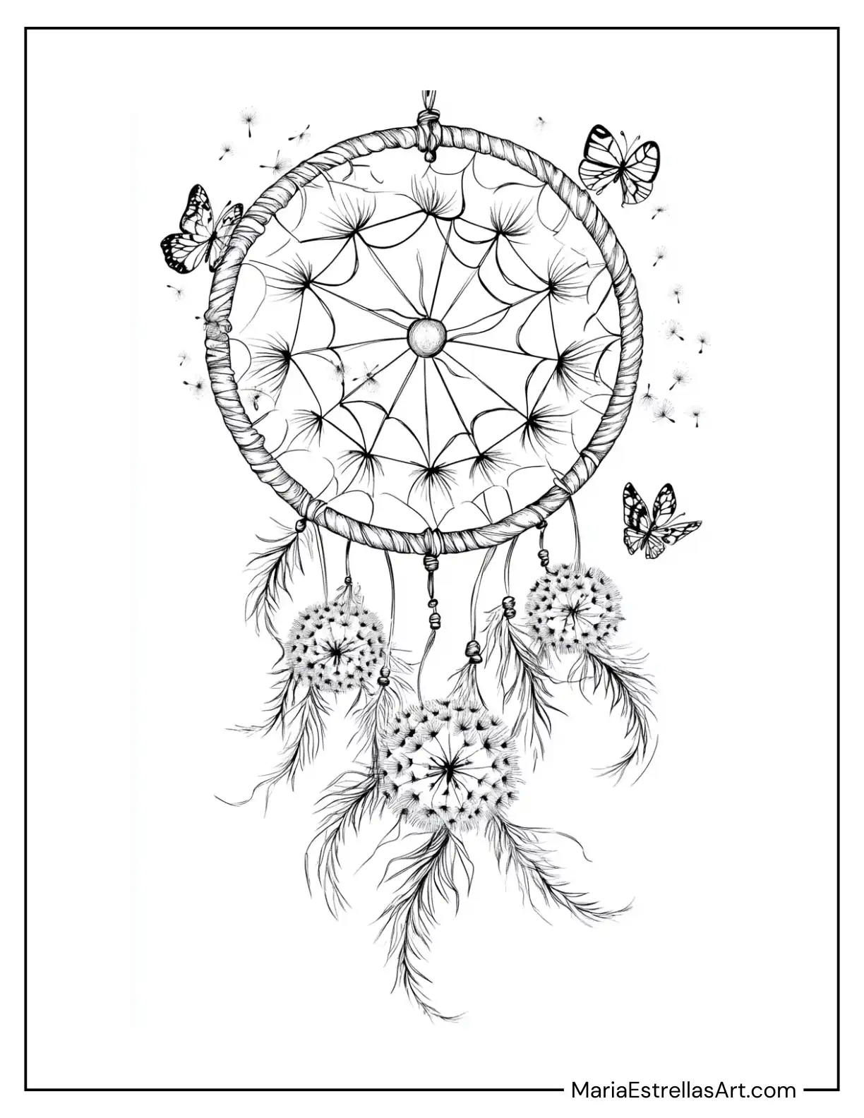 Dandelion Dreamcatcher With Blowing Seeds and Butterflies Coloring Sheet