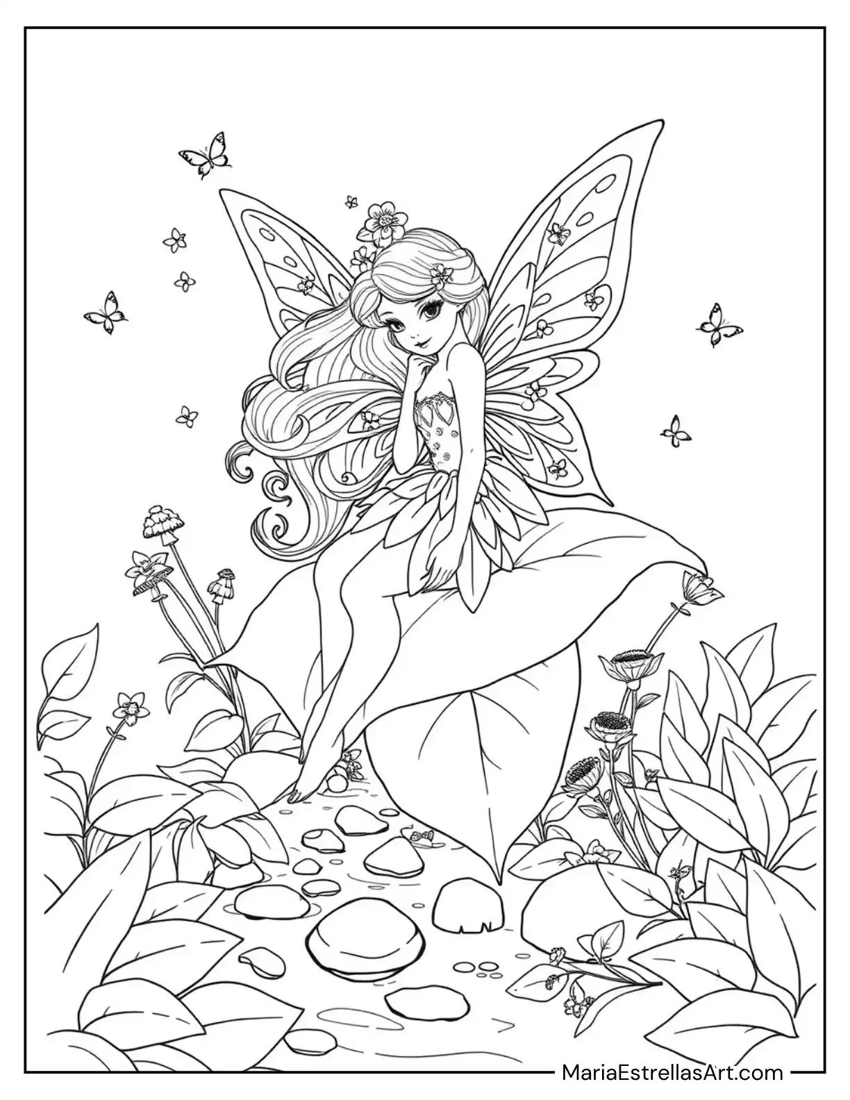 Delicate Fairy Resting on a Leaf with a Stream Flowing Nearby Coloring Page