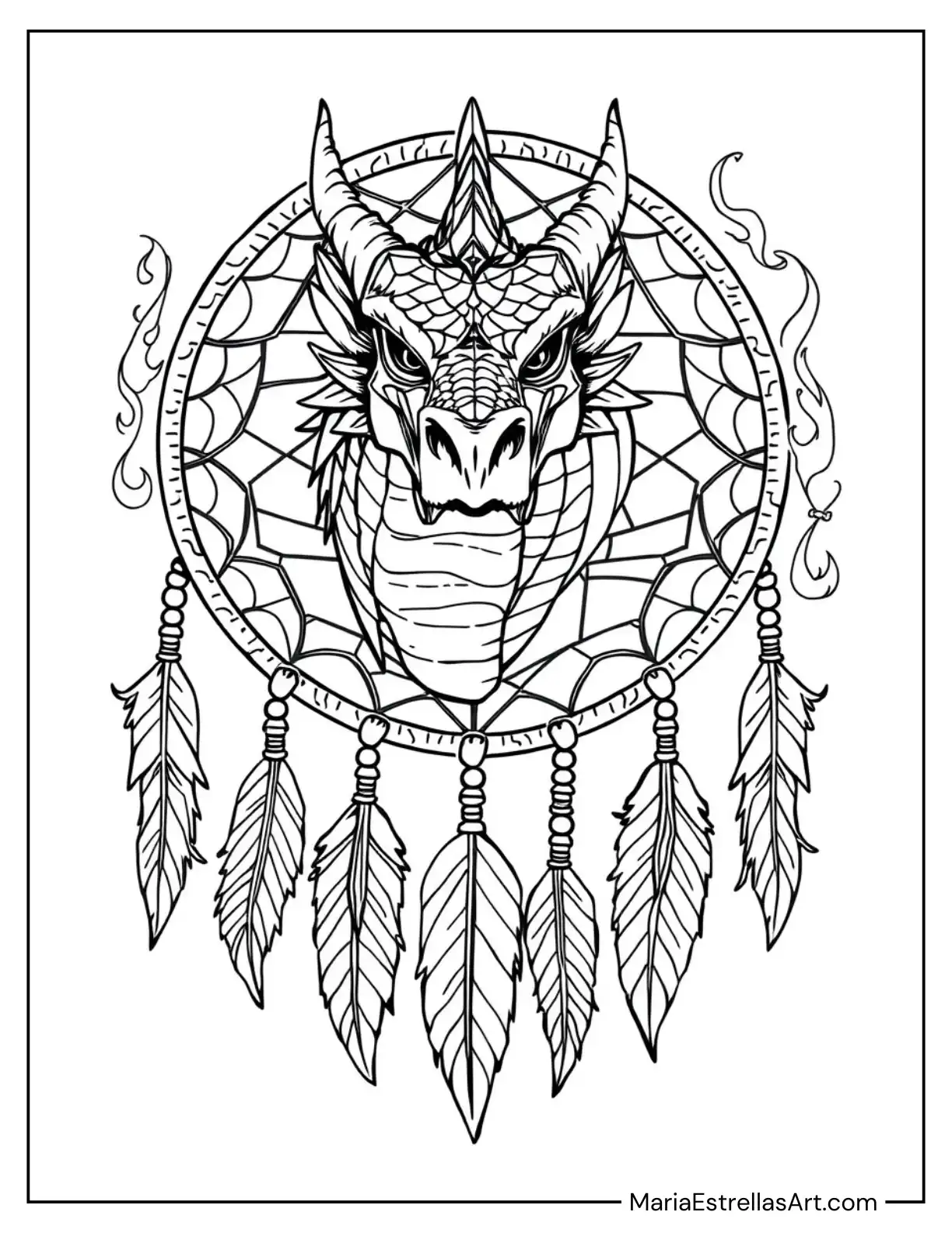 Dragon Dreamcatcher with Flames to Color for Kids