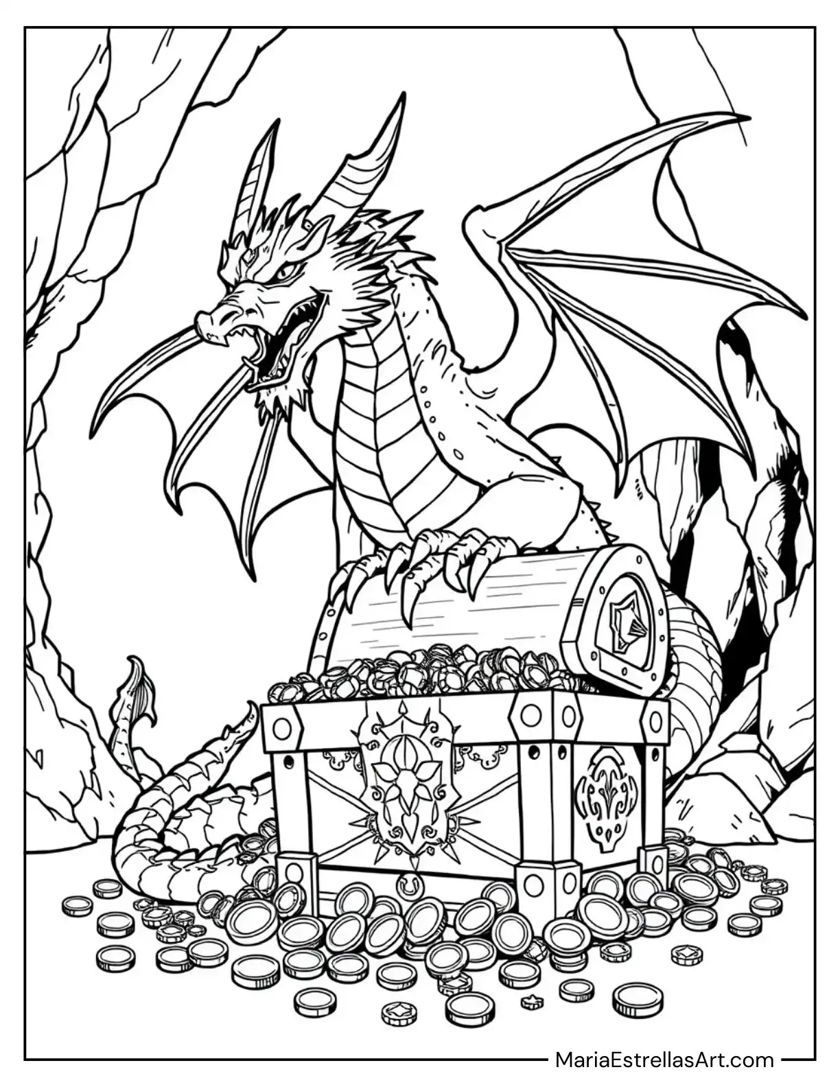 Dragon Guarding a Treasure Chest Coloring Sheet