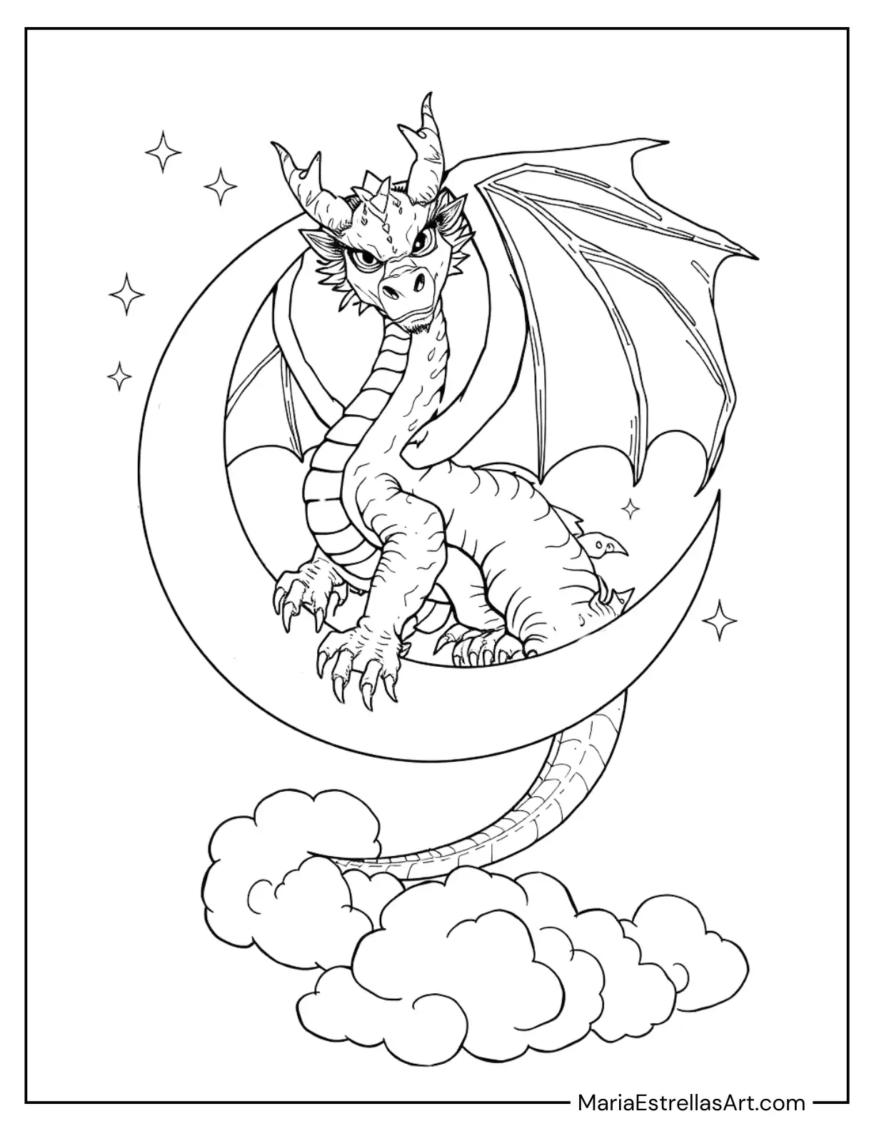 Dragon Perched on a Crescent Moon Coloring Sheet