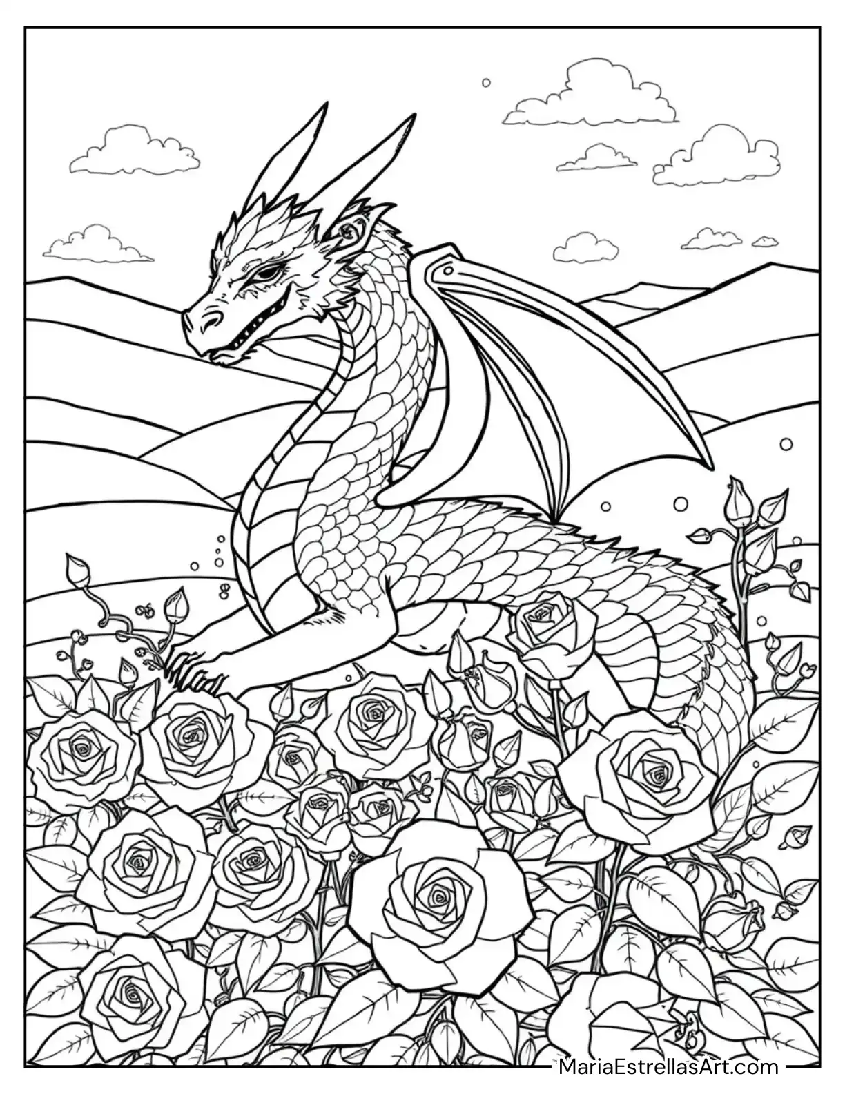 Dragon Resting in a Bed of Roses Coloring Sheet