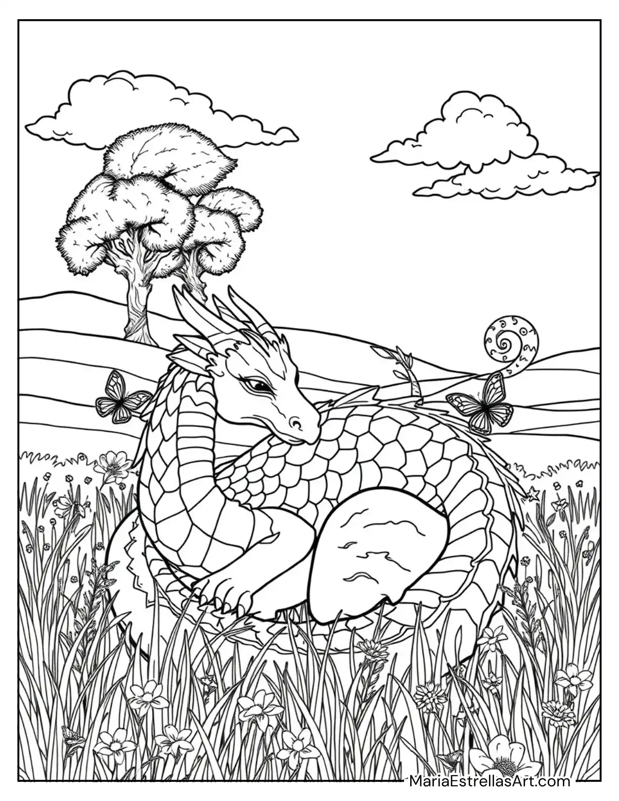 Dragon Sleeping Peacefully in a Meadow Coloring Page