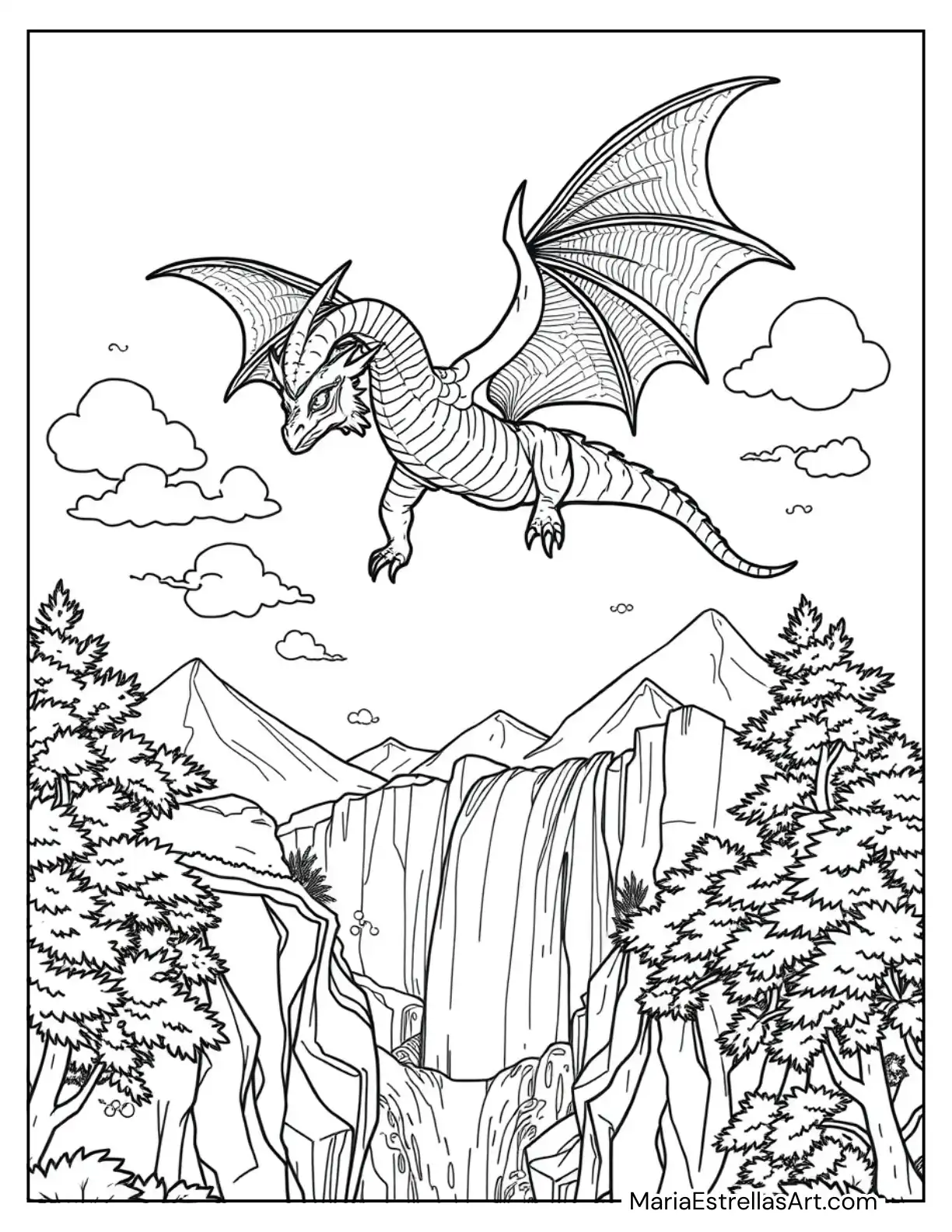 Dragon Soaring Above a Waterfall Coloring Sheet