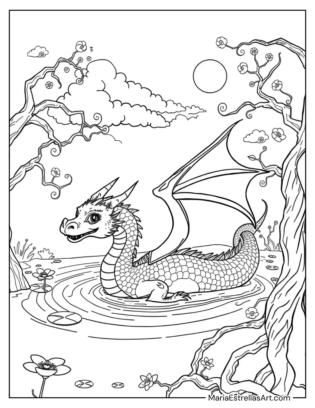 Dragon Swimming in a Magical Lake to Color for Kids