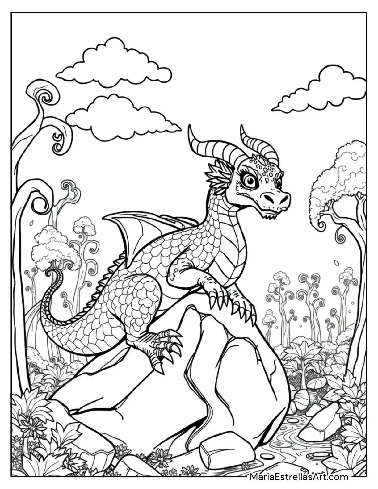 Dragon in a Forest of Magical Trees Coloring Page