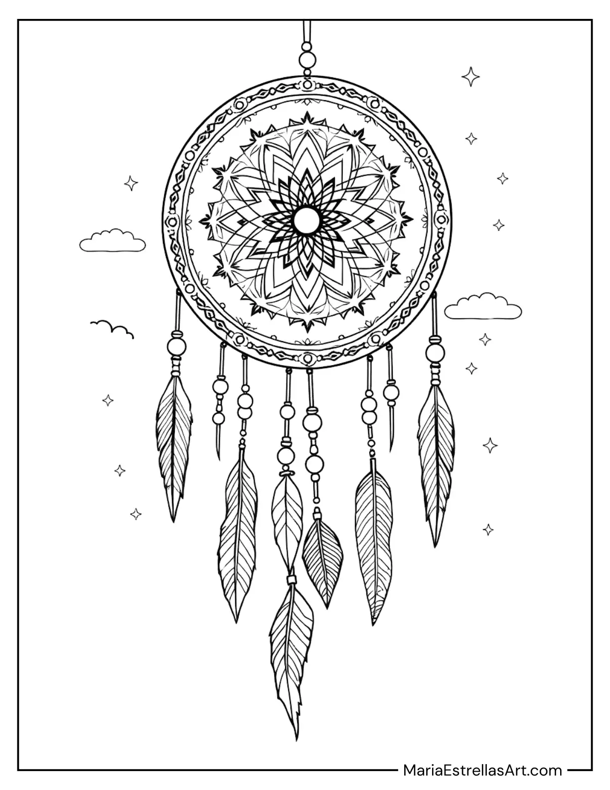 Dreamcatcher with Intricate Feathers and Beads Coloring Page