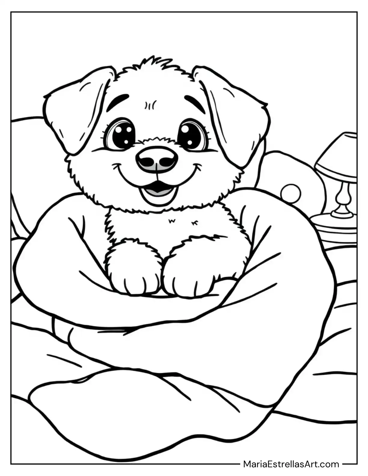 Easy Cozy Puppy Snuggled Up in a Soft Blanket for Kids Coloring Sheet