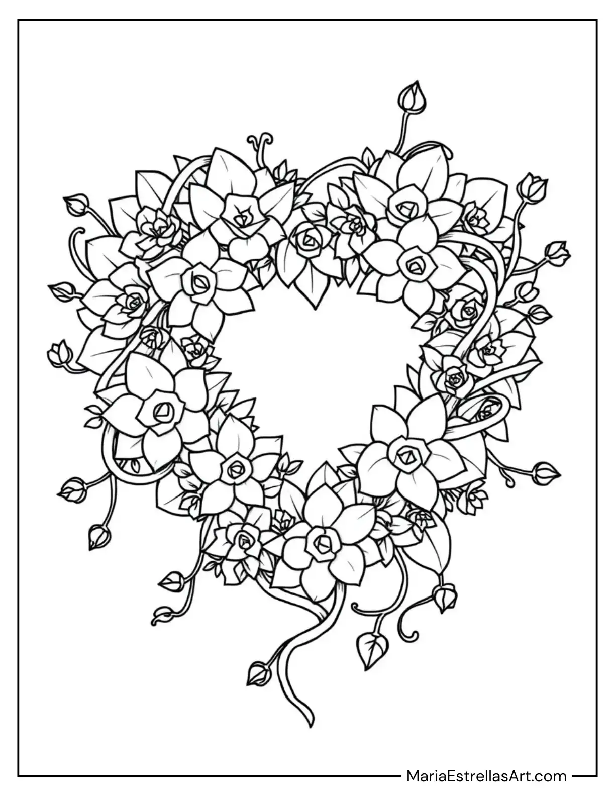 Echeveria Arranged in a Heart-Shaped Wreath with Twisted Vines and Tiny Budding Flowers Coloring Sheet