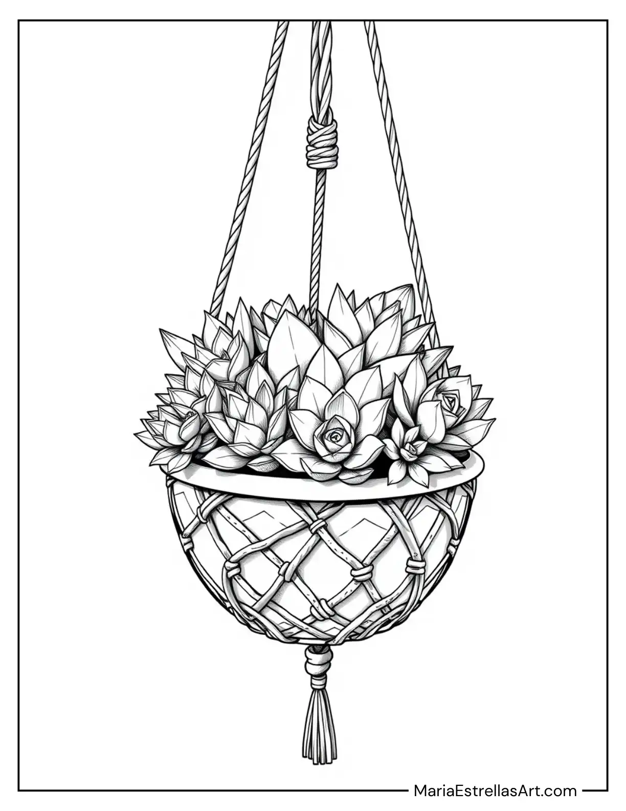 Echeveria Succulents Arranged in a Hanging Clay Planter with Macrame Detailing Coloring Page