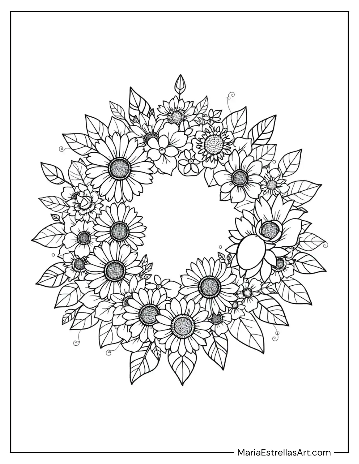 Elegant Floral Wreath with Leaves and Buds Coloring Page