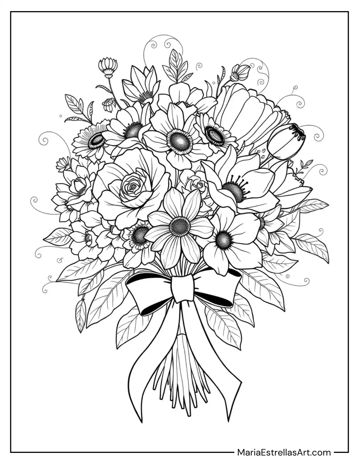 Elegant Flower Bouquet with Ribbon Bow Coloring Page