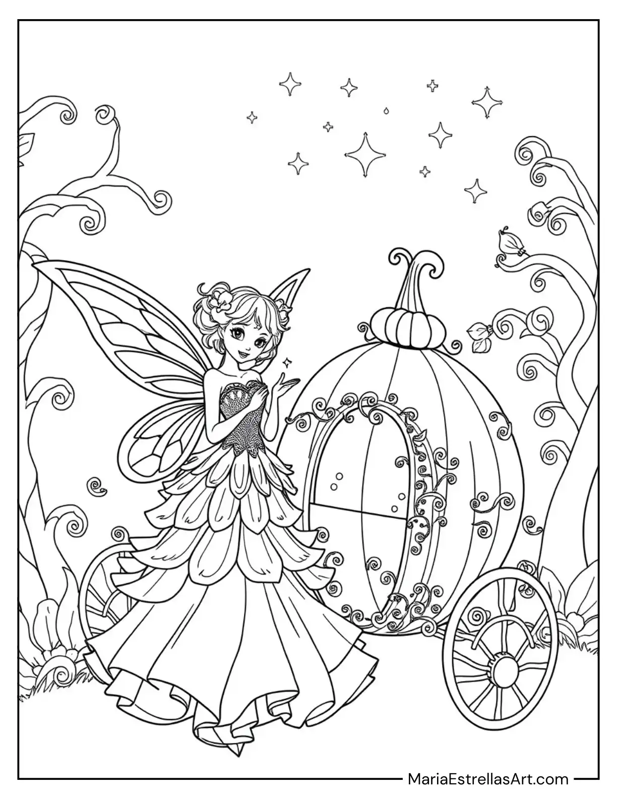 Enchanted Fairy in a Ball Gown and Wings Standing by a Pumpkin Carriage Coloring Sheet