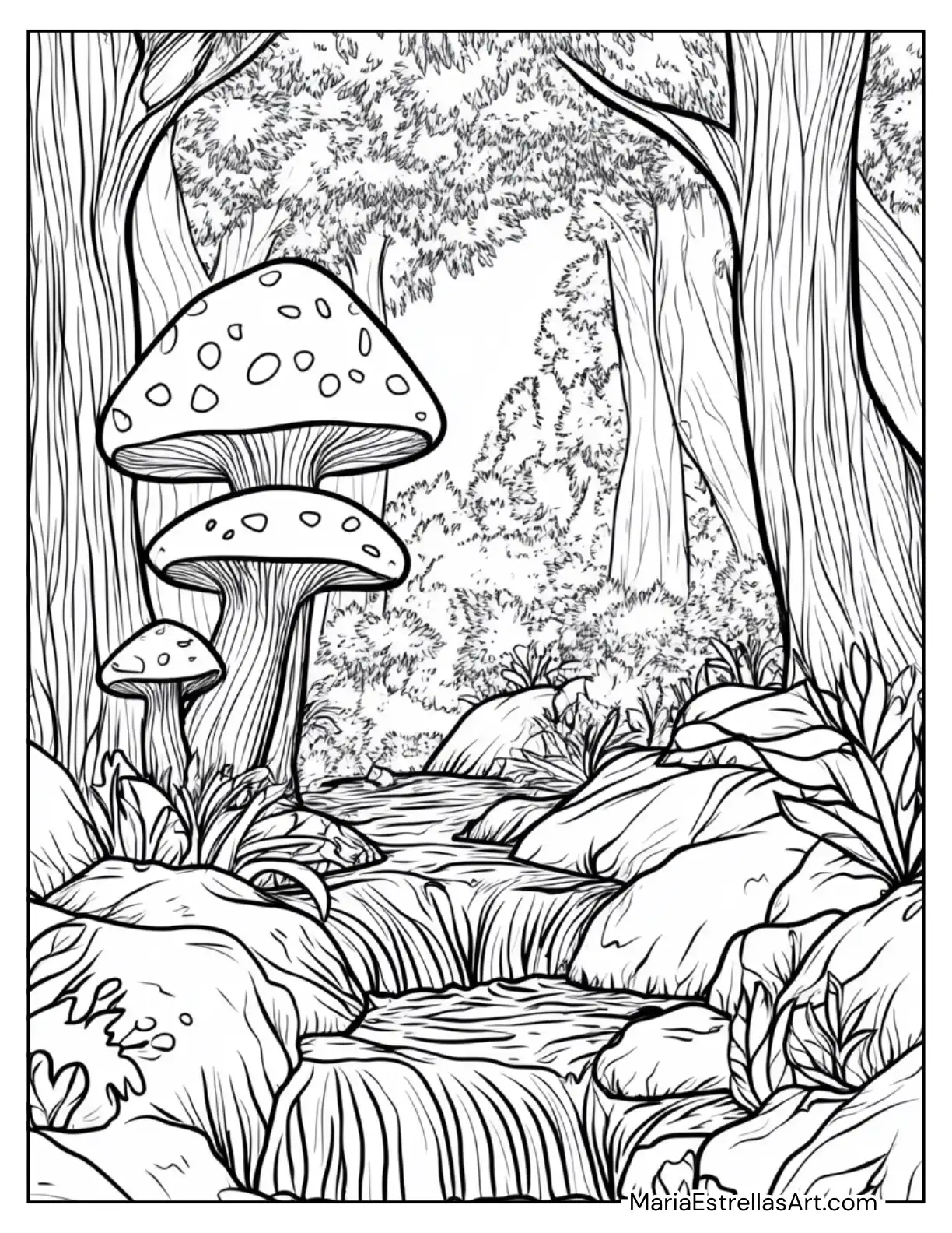 Enchanting Mushrooms Beside a Babbling Brook Coloring Page