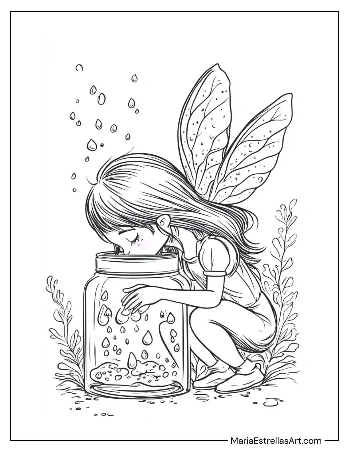 Fairy Collecting Dewdrops in a Jar Coloring Page