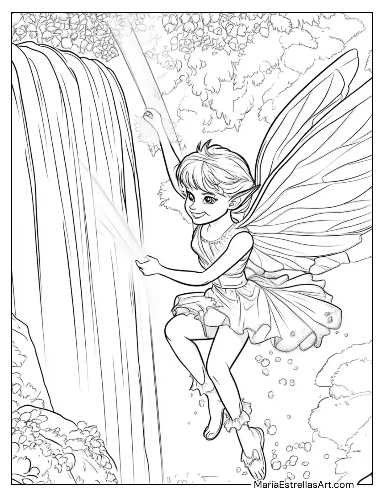 Fairy Creating Rainbow Mist Over a Waterfall Coloring Sheet