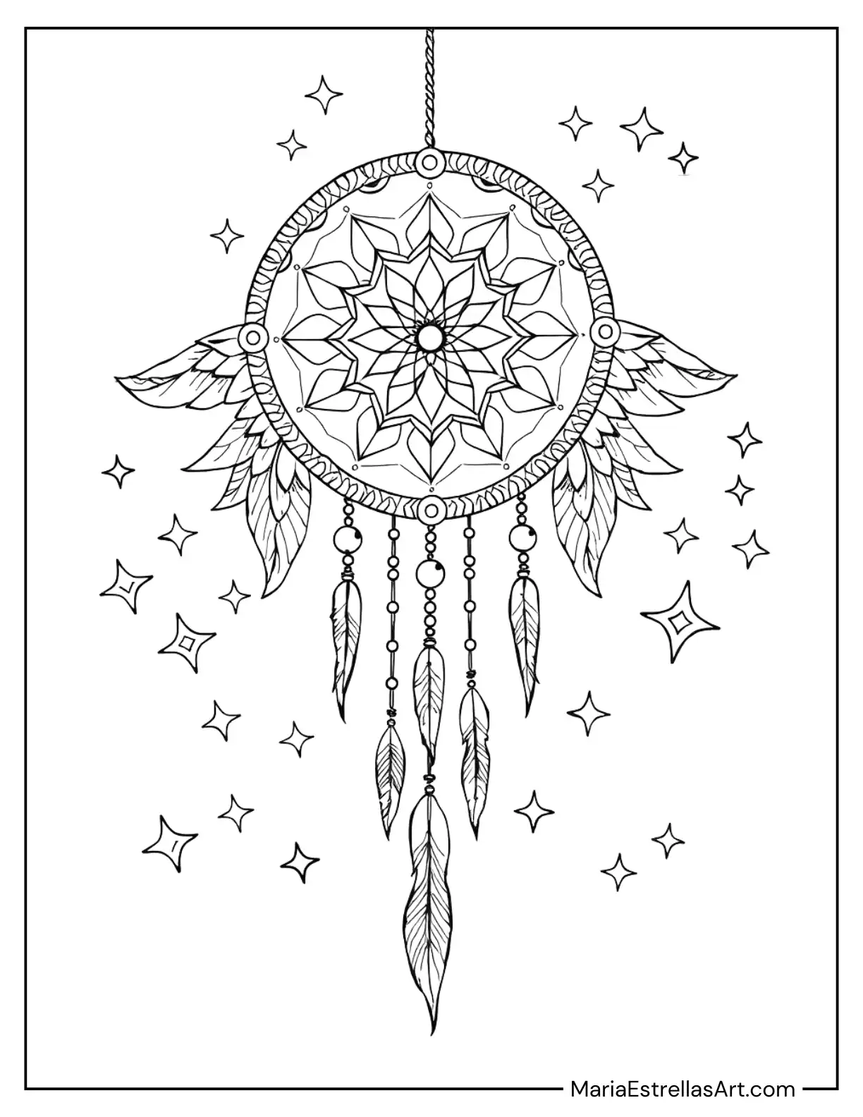 Fairy Dreamcatcher with Magical Wings and Glittering Stars Coloring Sheet