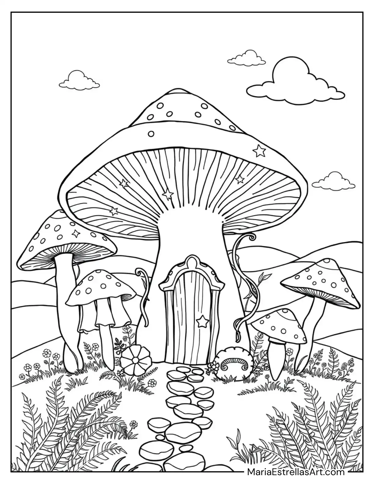 Fairy House Made of Giant Mushrooms to Color for Kids