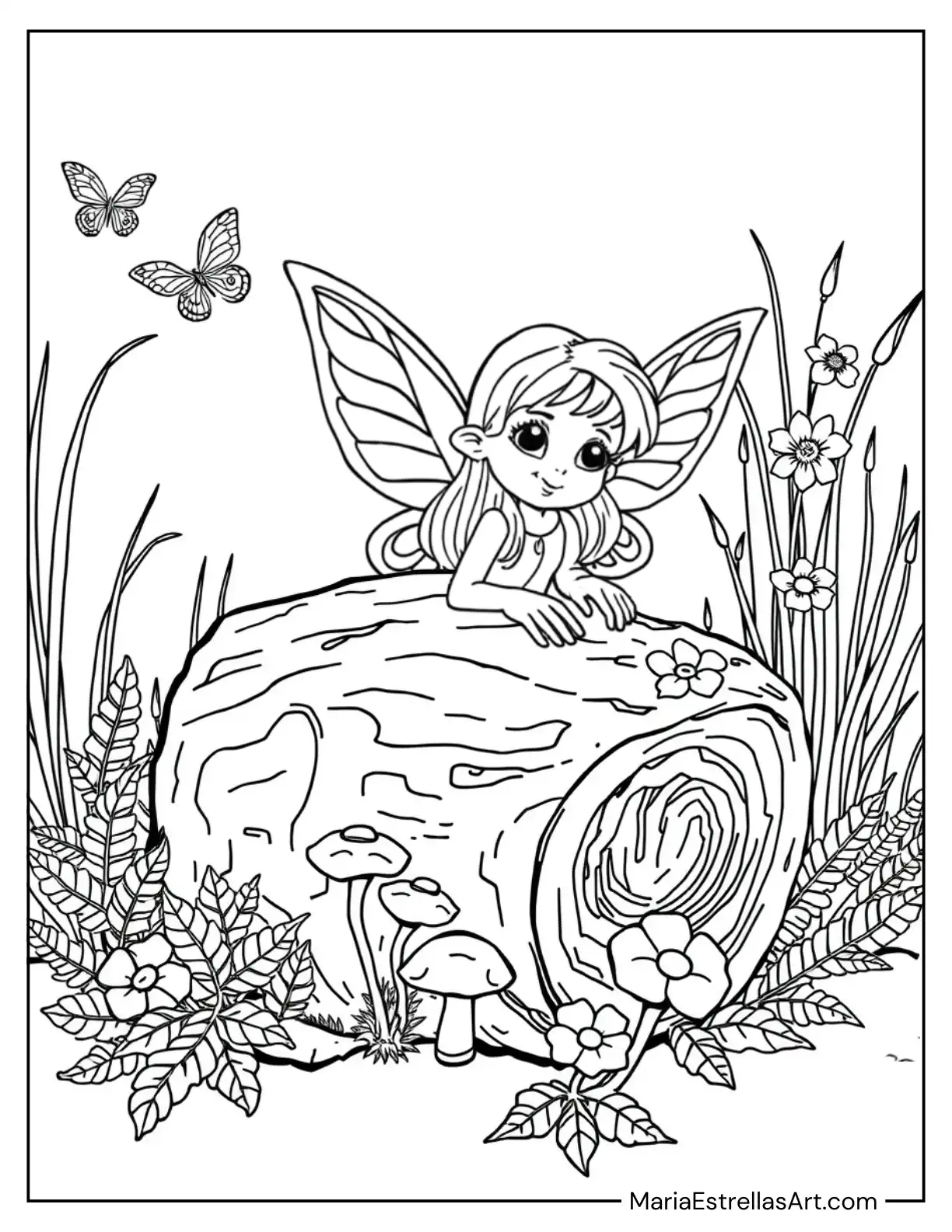 Fairy Peeking Out from a Hollow Log Coloring Page