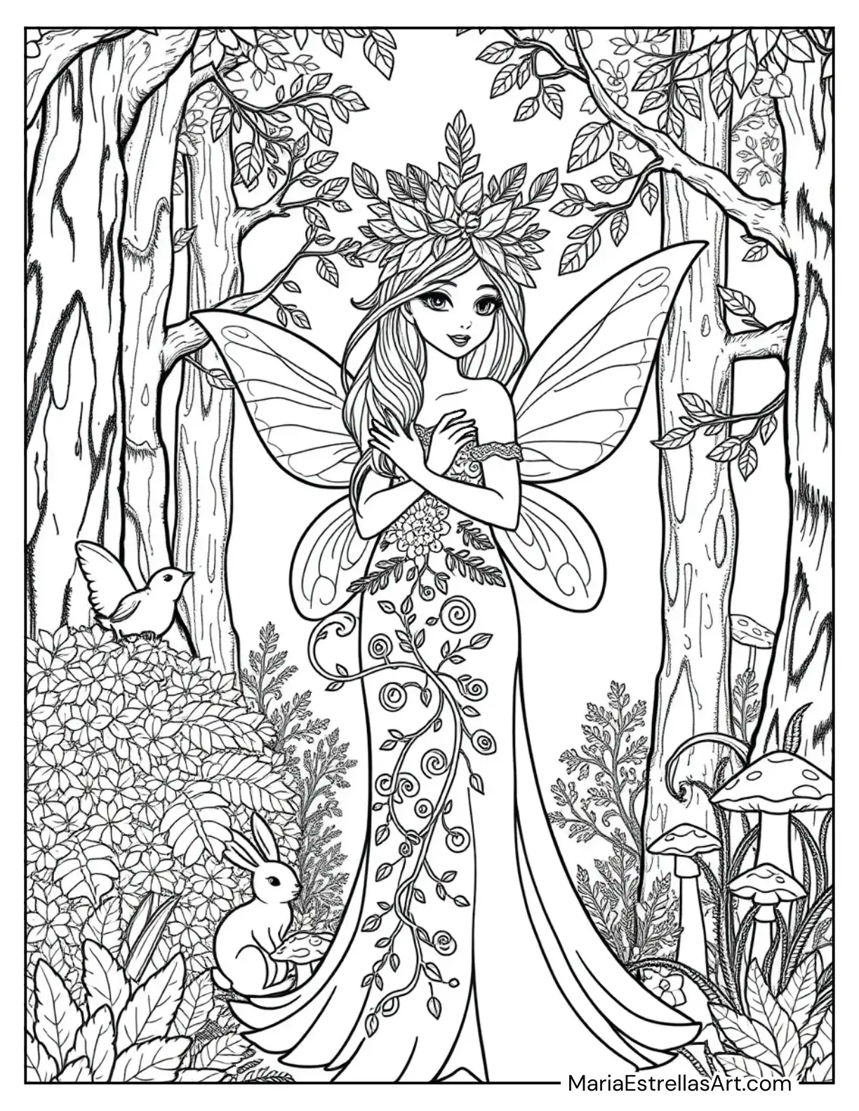 Fairy Queen with Leafy Tiara and a Long Cape Coloring Page