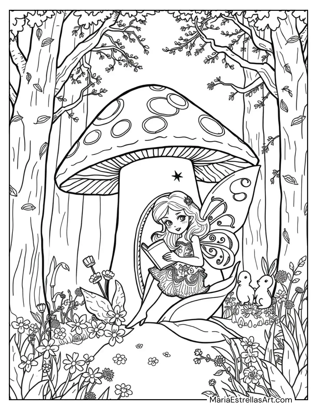 Fairy Relaxing in a Cozy Mushroom House Coloring Page