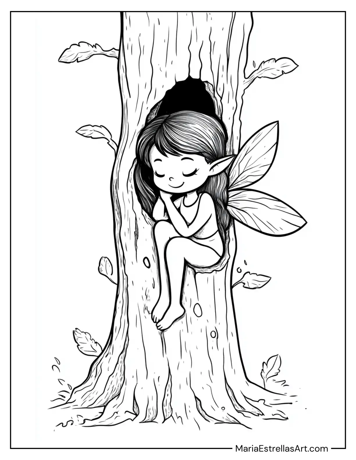 Fairy Sitting in a Hollow Tree Trunk Coloring Sheet