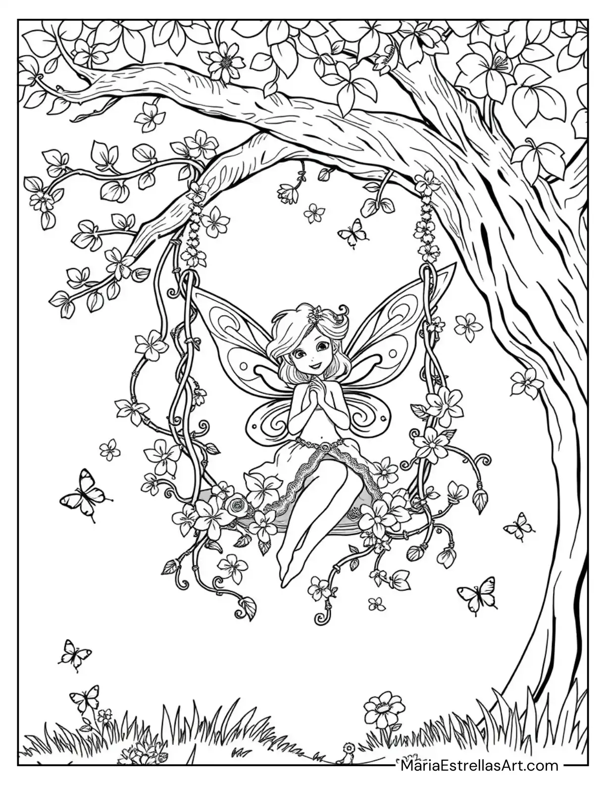 Fairy Sitting on a Swing Made of Vines and Flowers Coloring Sheet