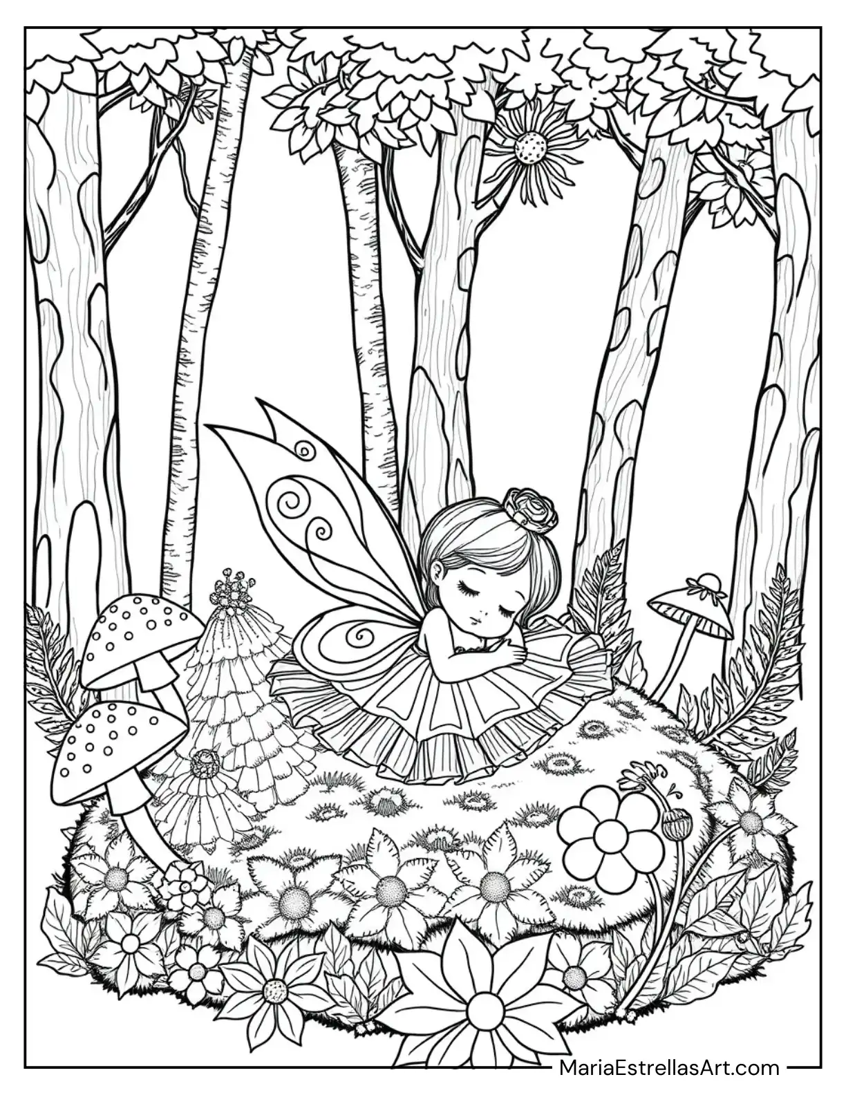 Fairy Sleeping on a Soft Bed of Moss Coloring Page