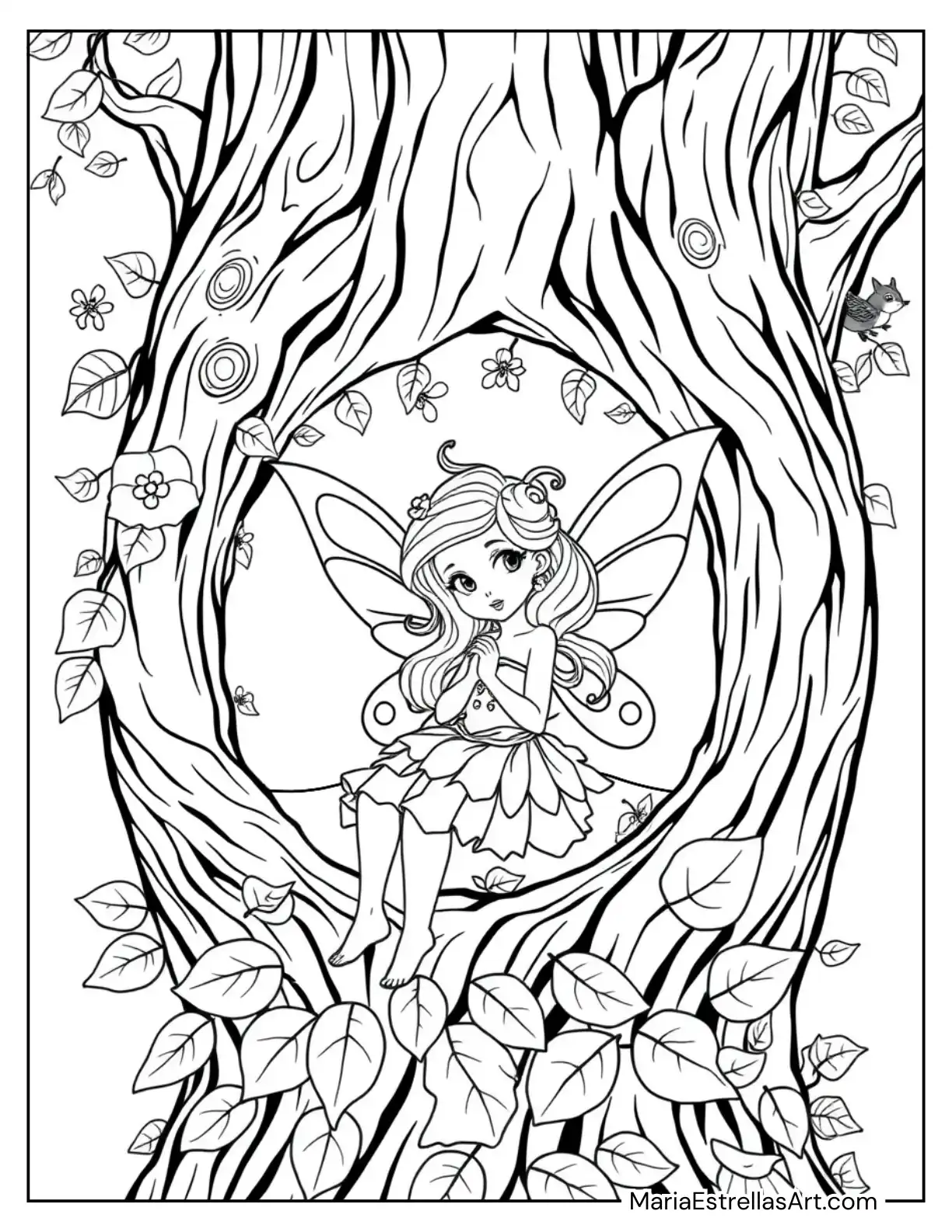 Fairy with Butterfly Wings Resting in a Cozy Tree Hollow Coloring Page