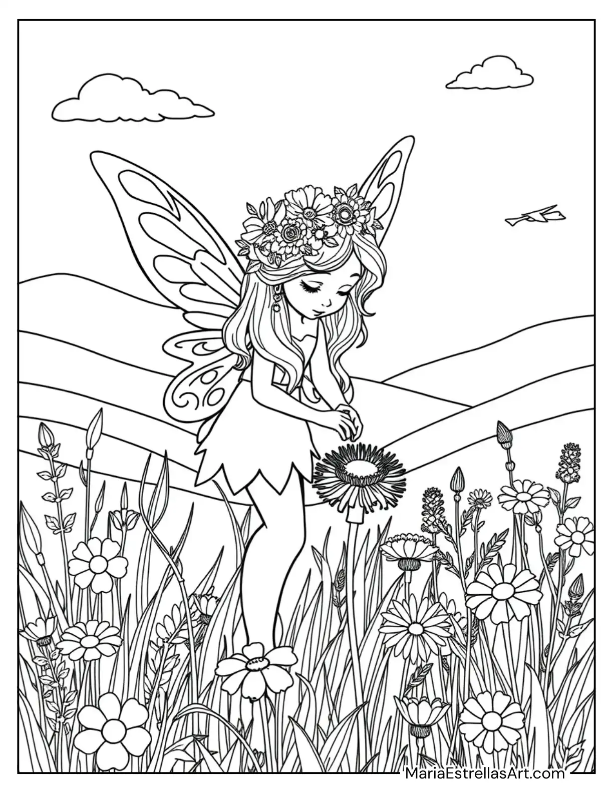 Fairy with Flower Crown Smelling a Dandelion in a Meadow Coloring Page