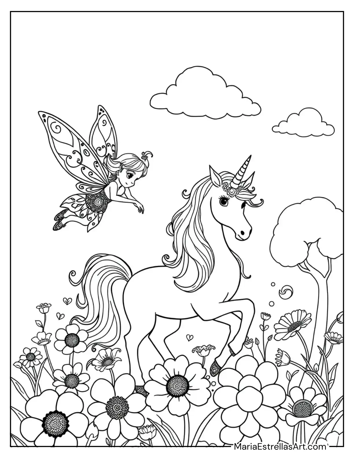 Fairy with Sparkling Unicorn in an Enchanted Meadow Coloring Sheet