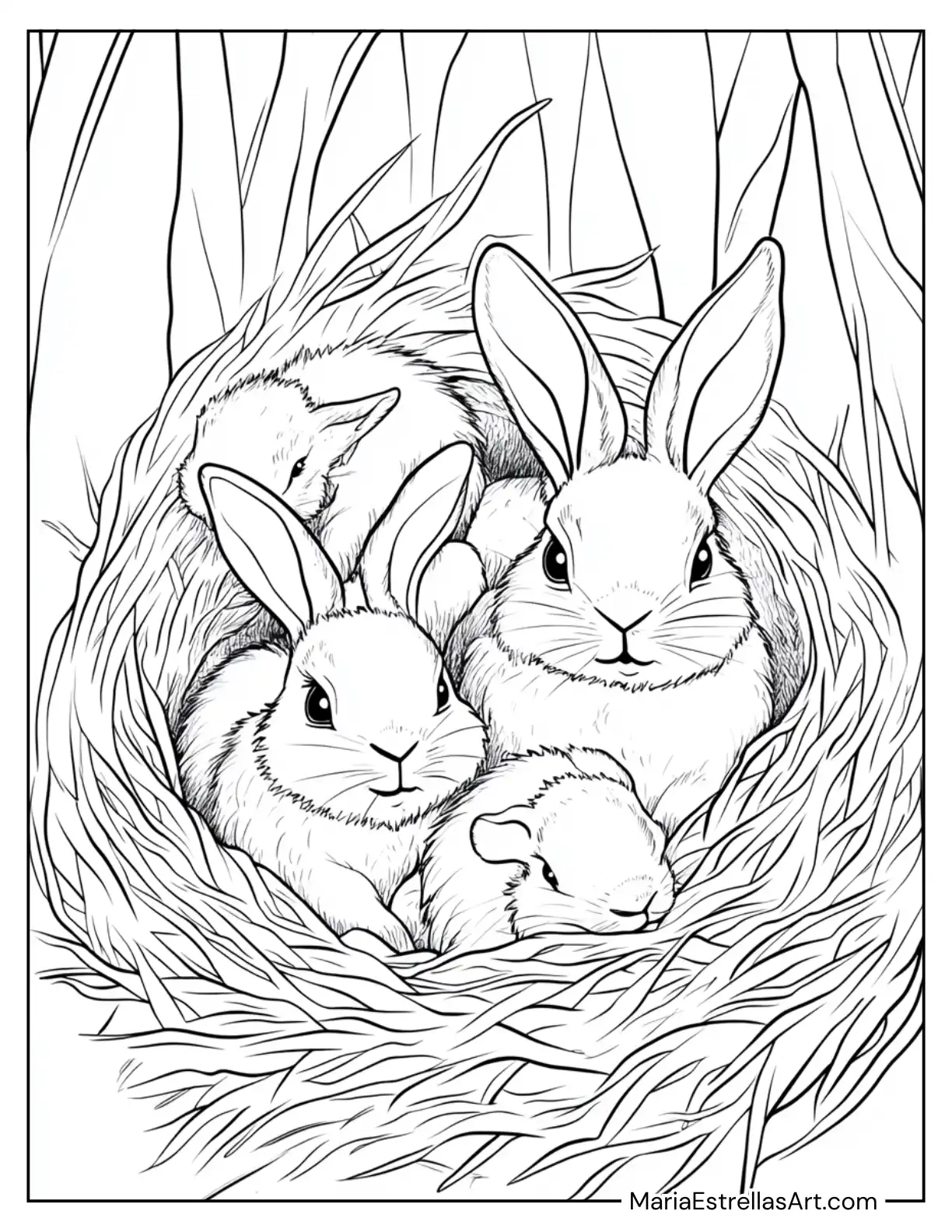 Family of Rabbits Resting in a Burrow Filled With Soft Hay Coloring Sheet