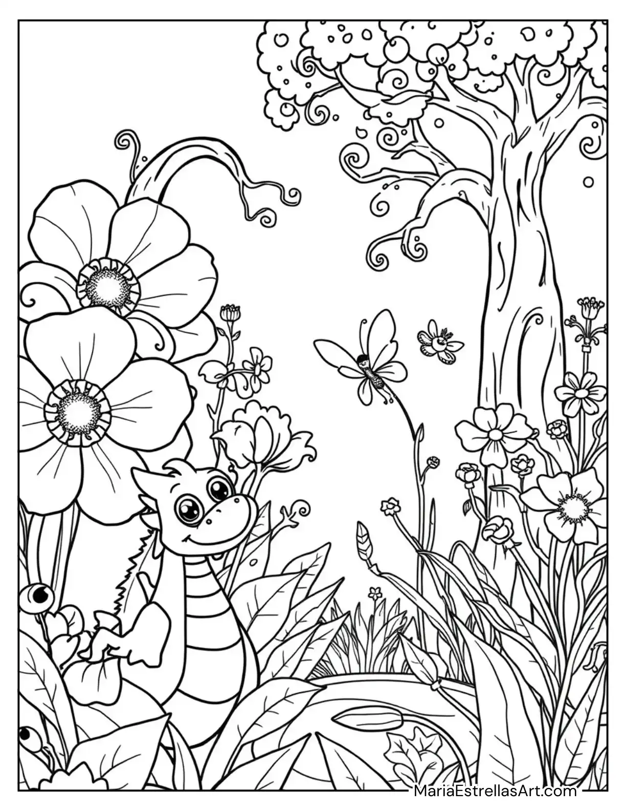 Fantasy Garden with Giant Blossoms Coloring Page