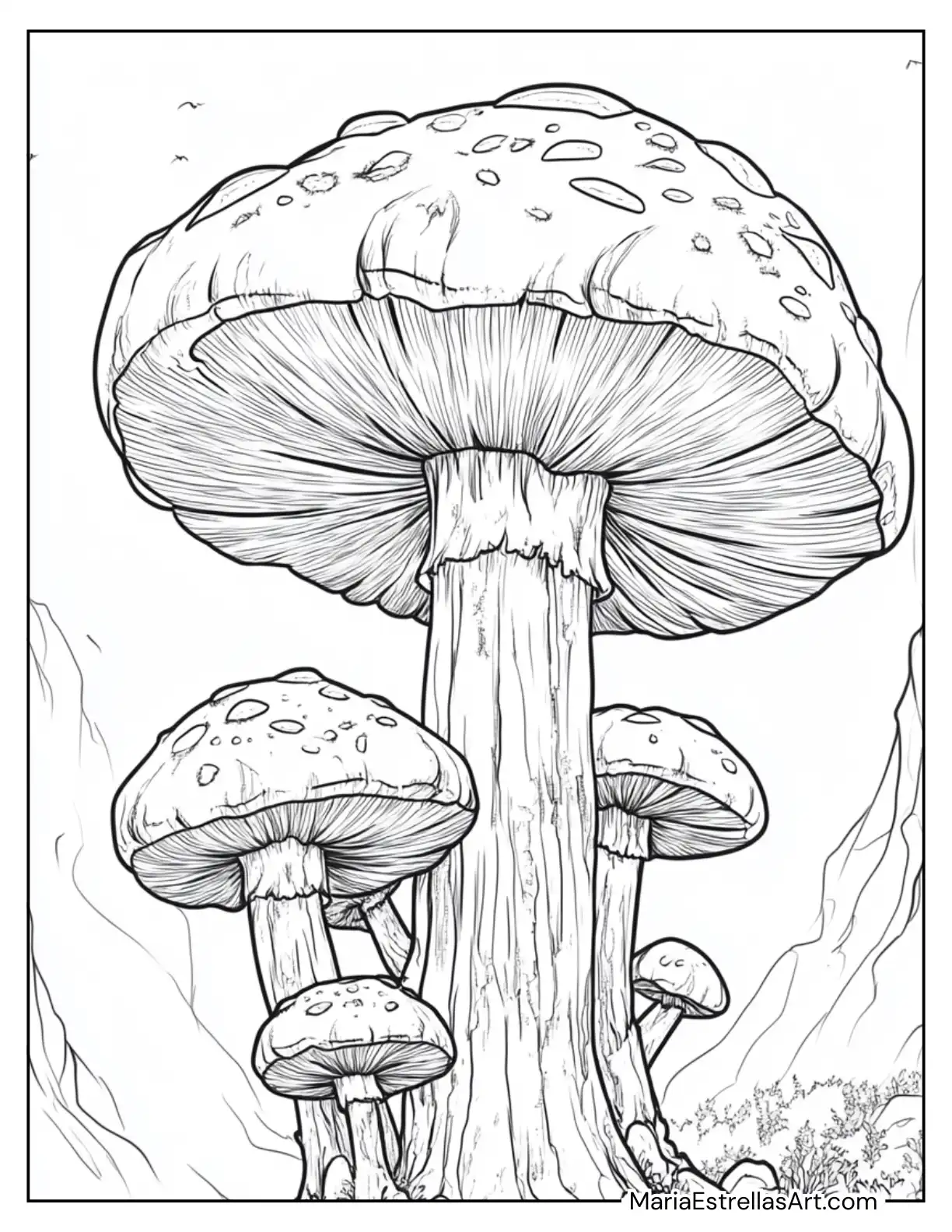 Fantasy Mushroom Tower in a Hidden Valley Coloring Page