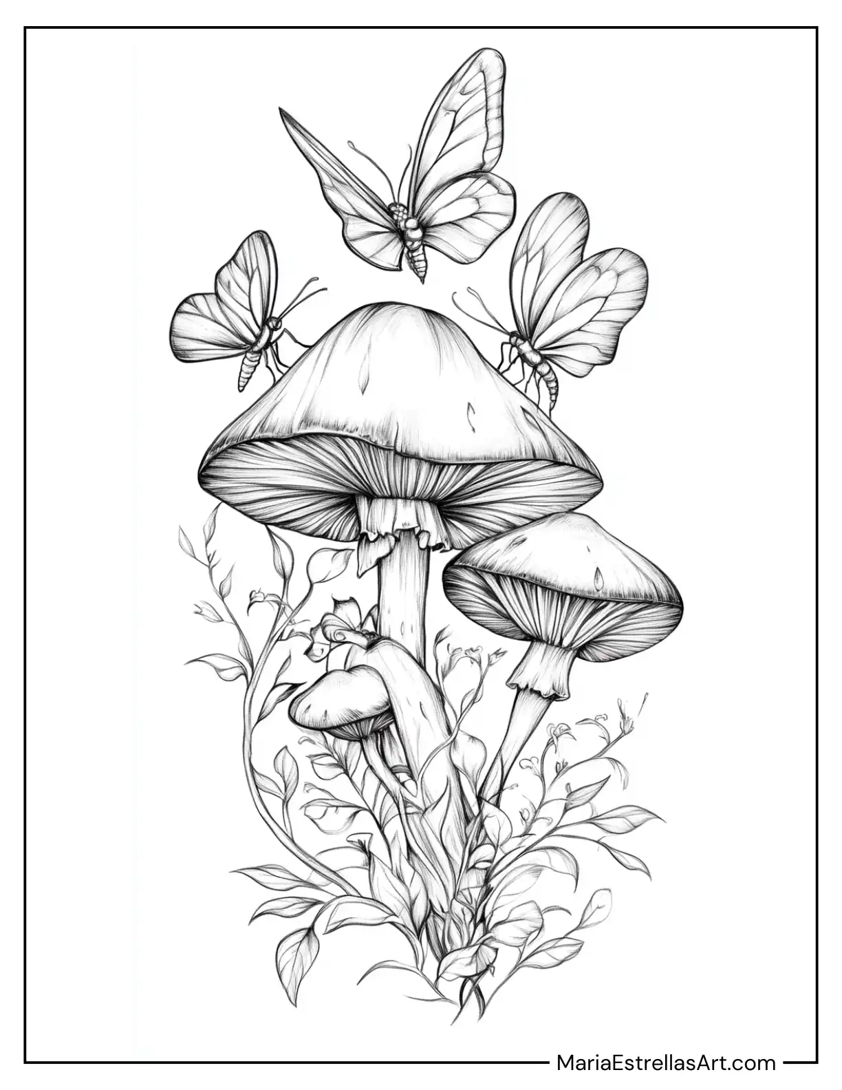 Fantasy Mushrooms with Butterflies and Vines to Color for Kids