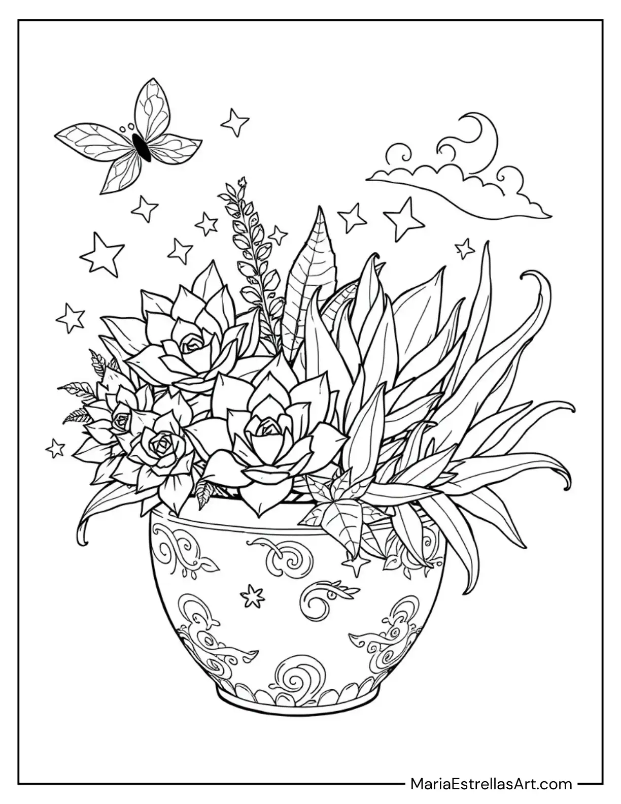 Fantasy-Themed Pot Decorated with Fairy Wings and Stars, Overflowing with Echeveria, Haworthia, and Aloe, Coloring Sheet