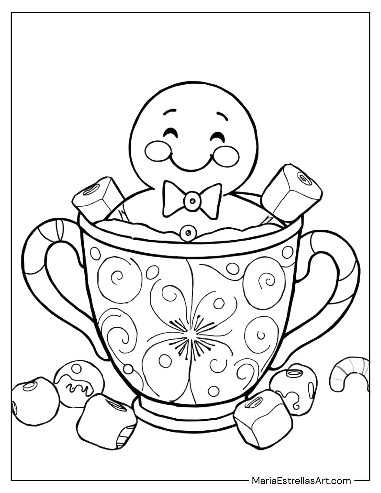 Festive Gingerbread Man Sitting in a Hot Chocolate Cup Coloring Page