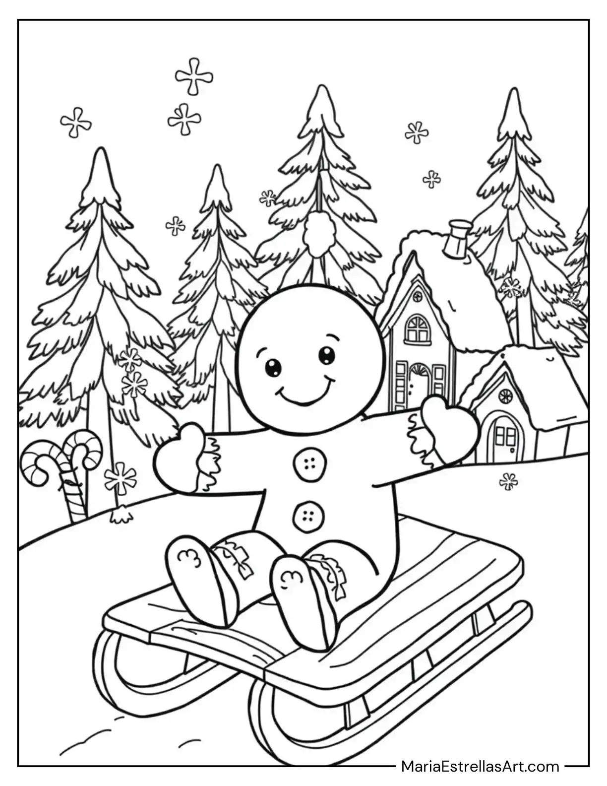 Festive Gingerbread Man on a Sled Coloring Sheet