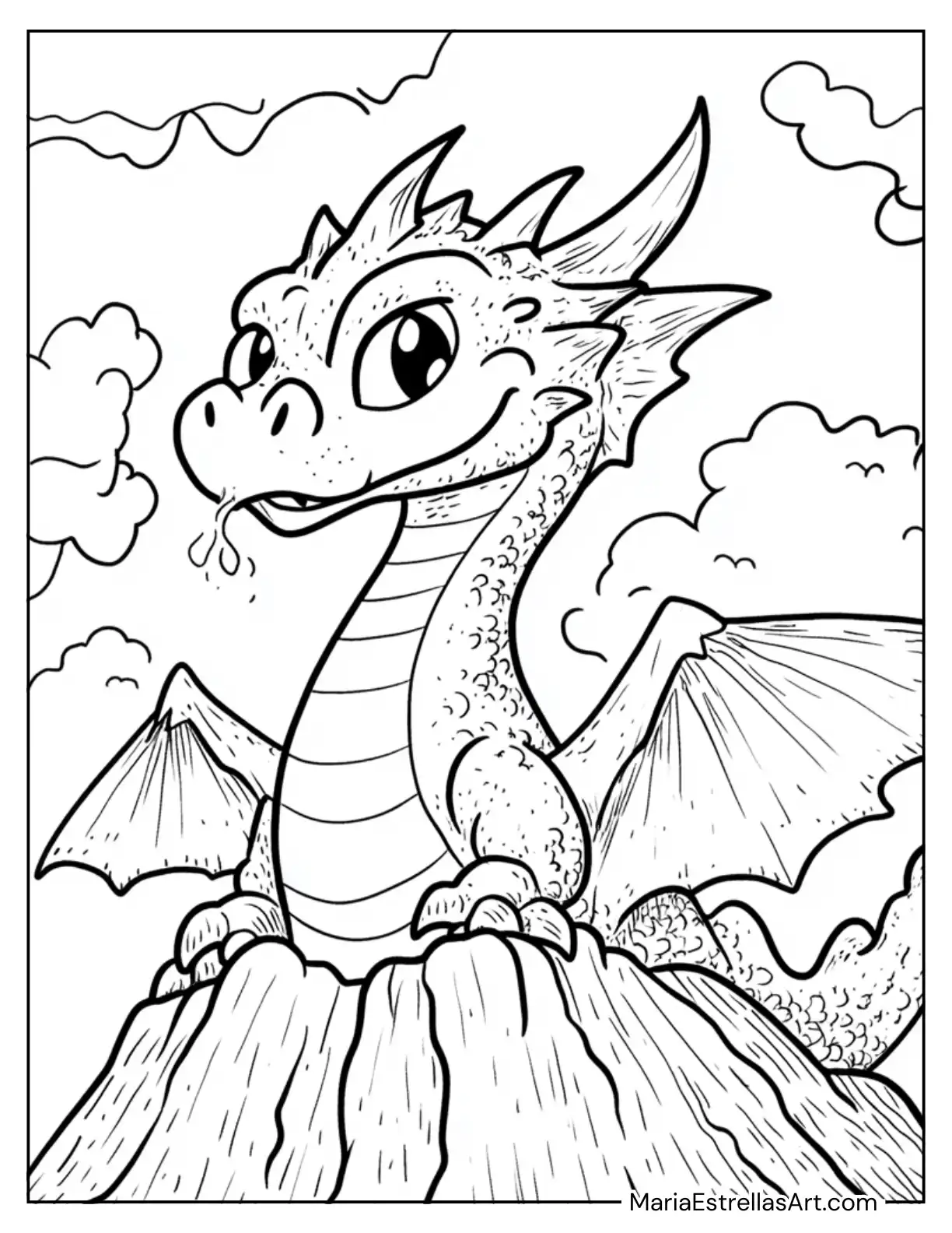 Fire Dragon Emerging From a Volcano Coloring Sheet