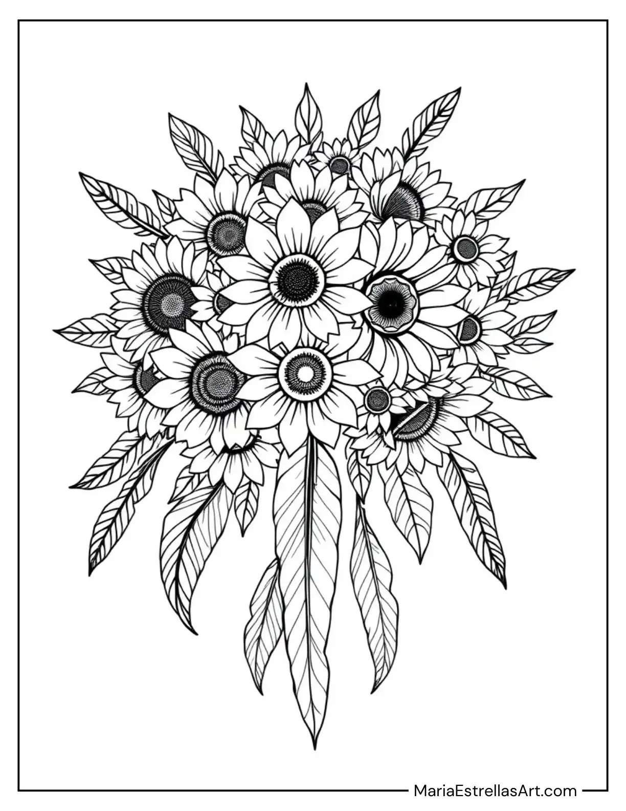 Floral Crown with Feathers and Tribal Patterns Coloring Sheet